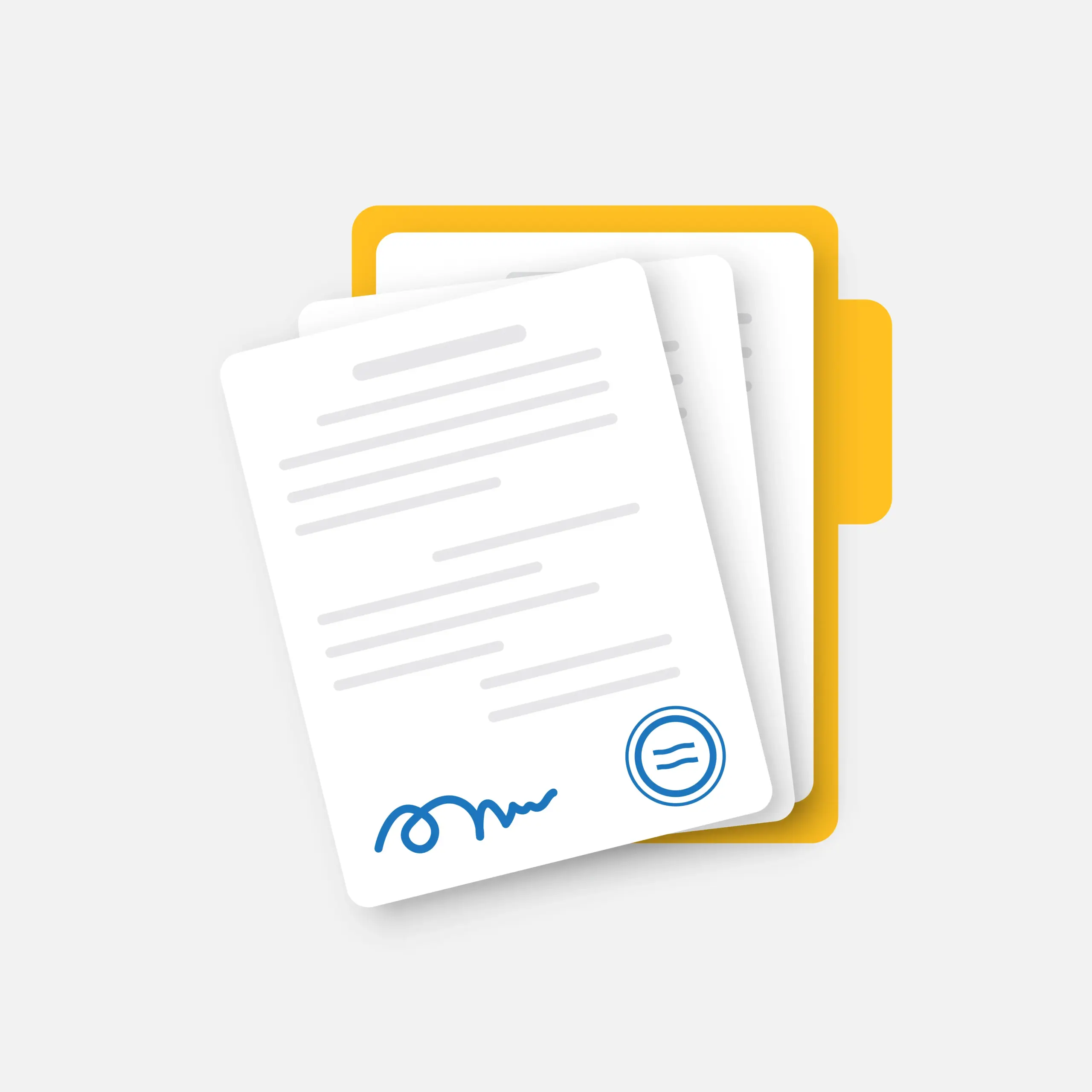 Document folder with stamp and text icon in flat style white papers vector illustration on isolated background confirmed or approved document sign business concept
