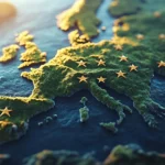 3d rendering of a map of europe with golden stars on the surface closeup