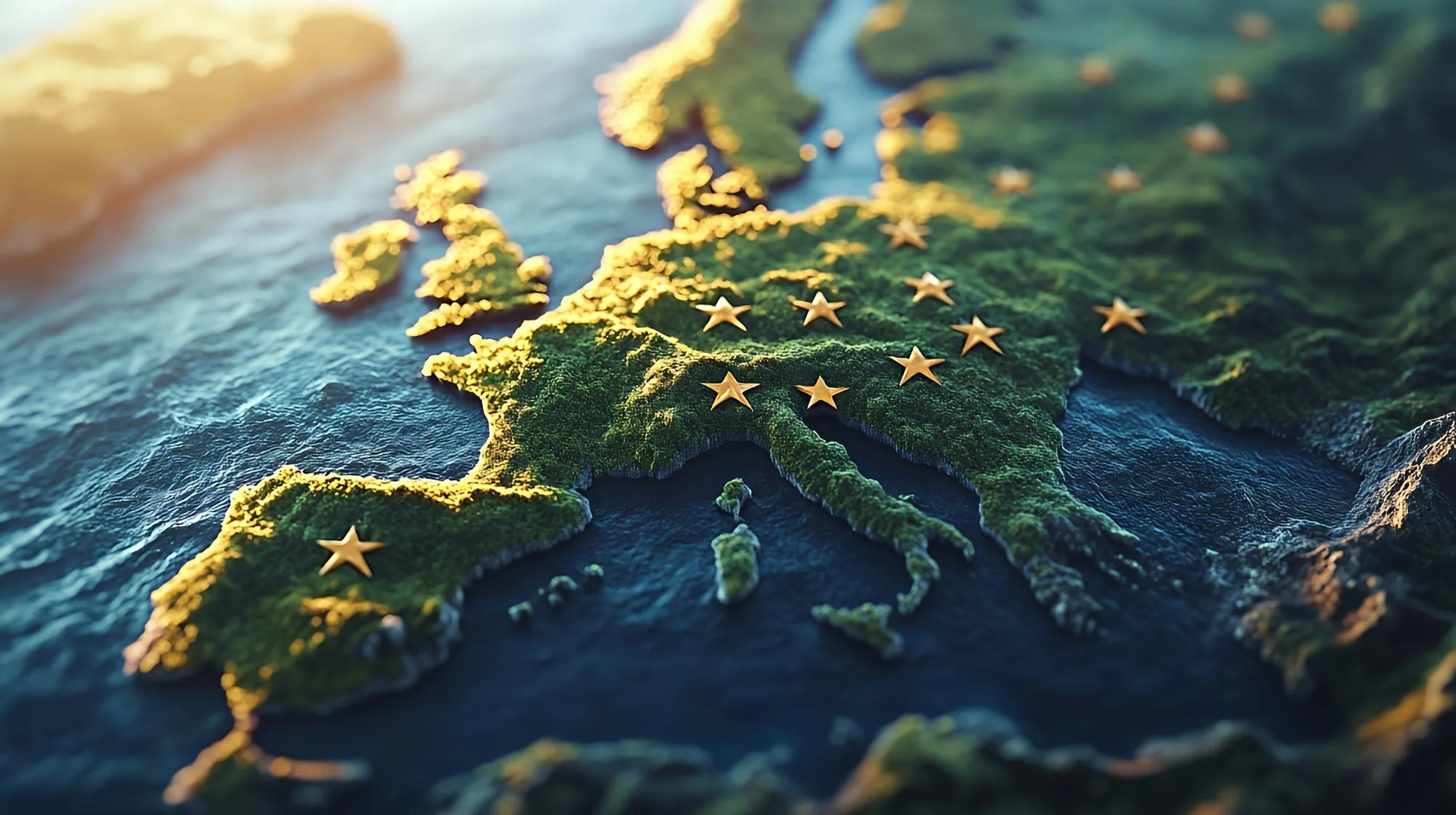 3d rendering of a map of europe with golden stars on the surface closeup