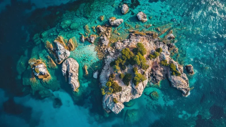 A rocky outcrop of a small island with a green tree on the side
